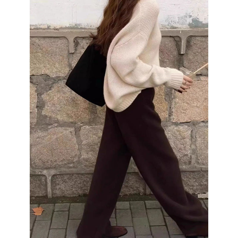 Autumn and winter 100% wool knitted wide-leg pants women's high-waisted thickened drape cashmere straight-leg small fleece floor pants
