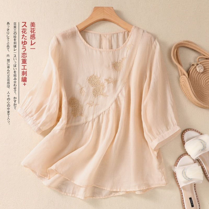 Real shot 2024 summer new literary loose cotton and linen embroidered flower round neck short-sleeved T-shirt women's top #9055