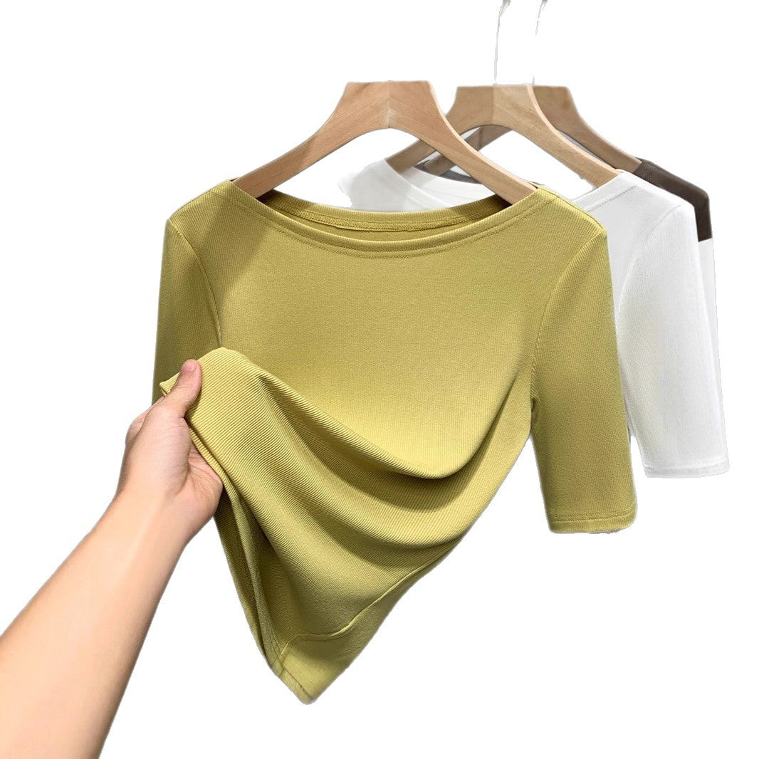 Medium-sleeved t-shirt women's 2025 new women's clothing solid-color threaded half-sleeved t-shirt temperament one-word shoulder elastic waist top
