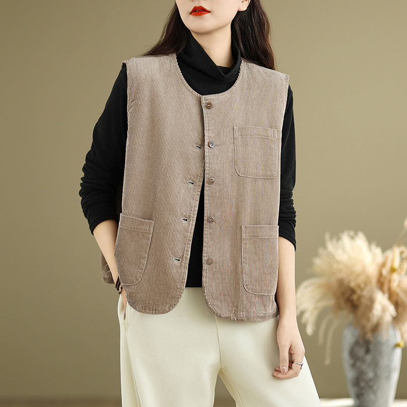 Real shot 2025 autumn new round neck vest vest vest retro commuter loose casual vest jacket women