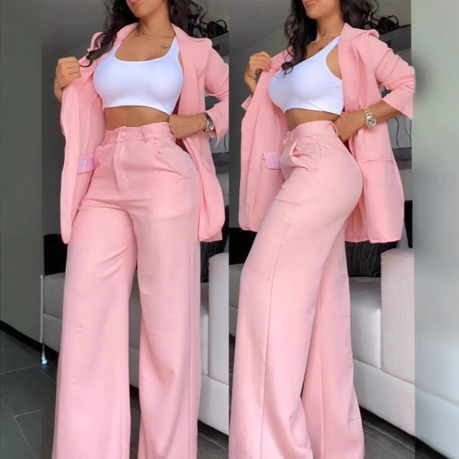 Cross-border 2025 European and American foreign trade summer women's clothing temperament elegant solid color split sleeve lapel suit straight pants suit women