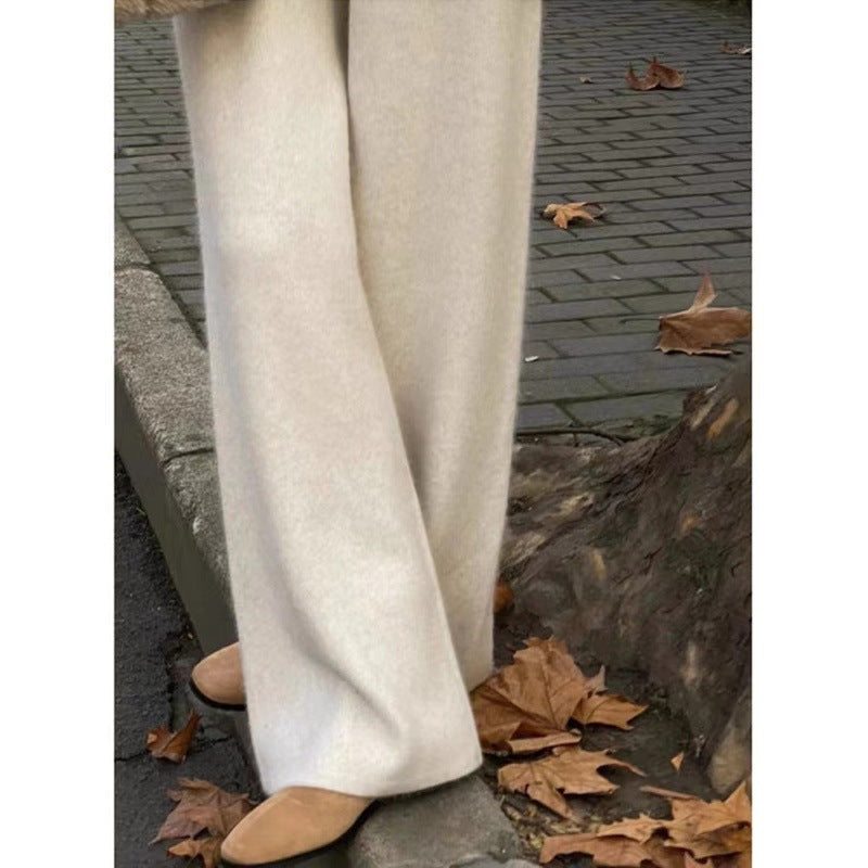 Autumn and winter thickened 100% soft waxy wool wide-leg pants women's drape knitted straight trousers cashmere small mopping trousers