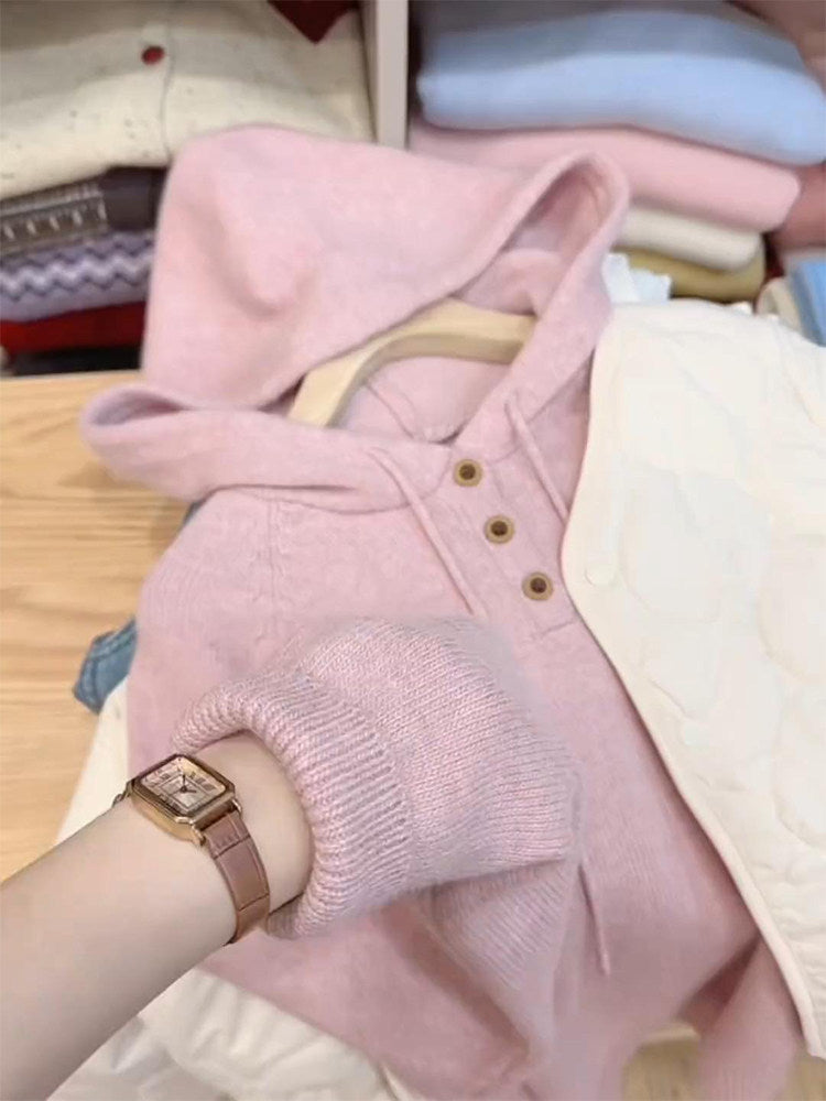 Pink hooded long-sleeved sweater women's 2025 autumn and winter new loose and thin lazy soft waxy commuter versatile top