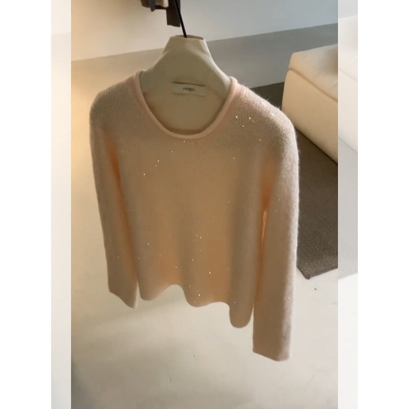 Lazy high-end pink V-neck pullover sweater women wear in autumn and winter, a great-looking loose and versatile knitted top
