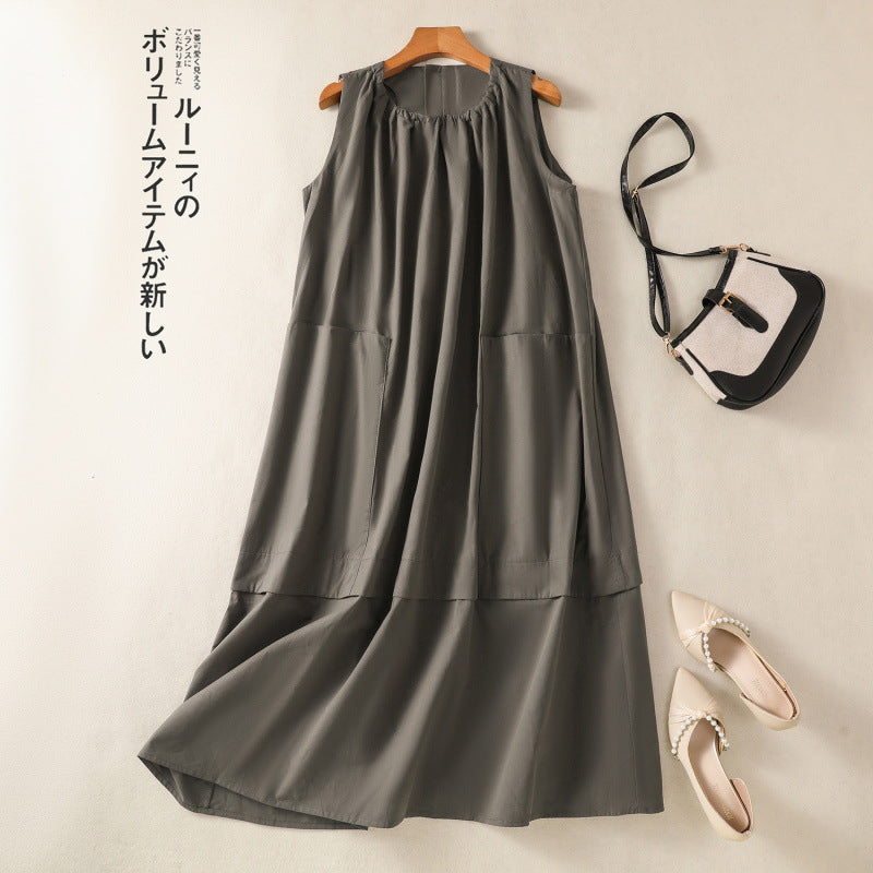 Real shot 2025 summer new cotton and linen large size loose casual thin sleeveless pocket vest dress women