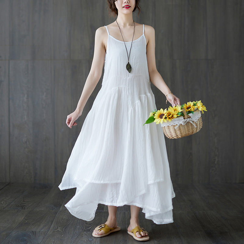 Real shot 2025 summer new literary large size loose solid color suspender dress women's irregular long dress 8237 #