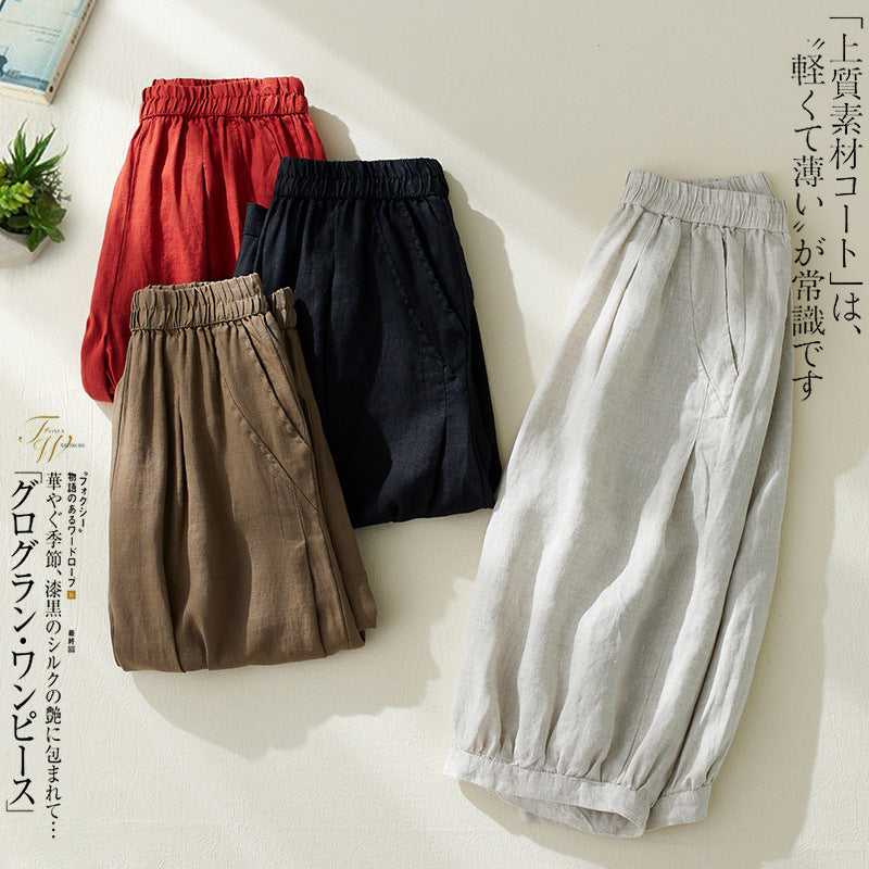 Real shot 2025 summer new retro literary loose cotton and linen elastic waist casual tied feet Harlan five-point pants women