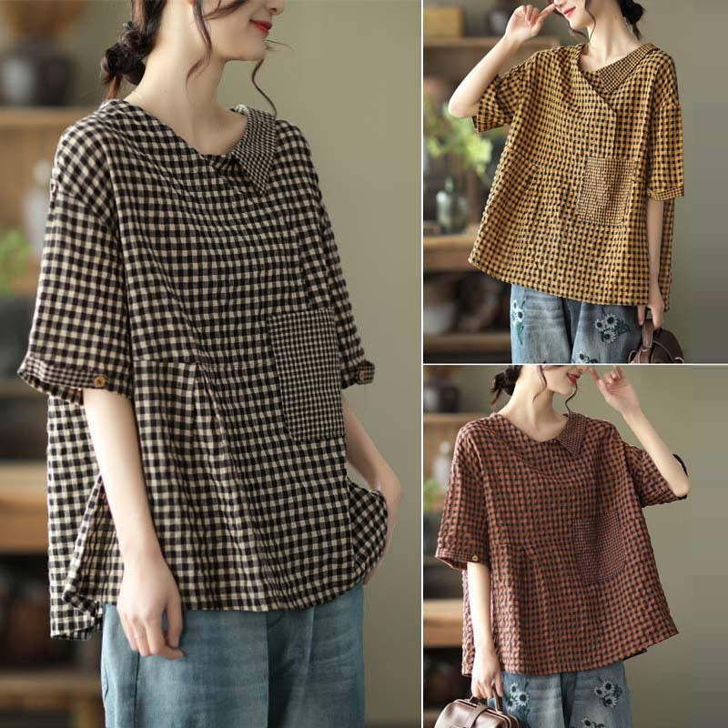 Summer 2024 New Literary Loose Cotton and Linen V-Neck Short Sleeve T-Shirt Women's Pullover #9931 #