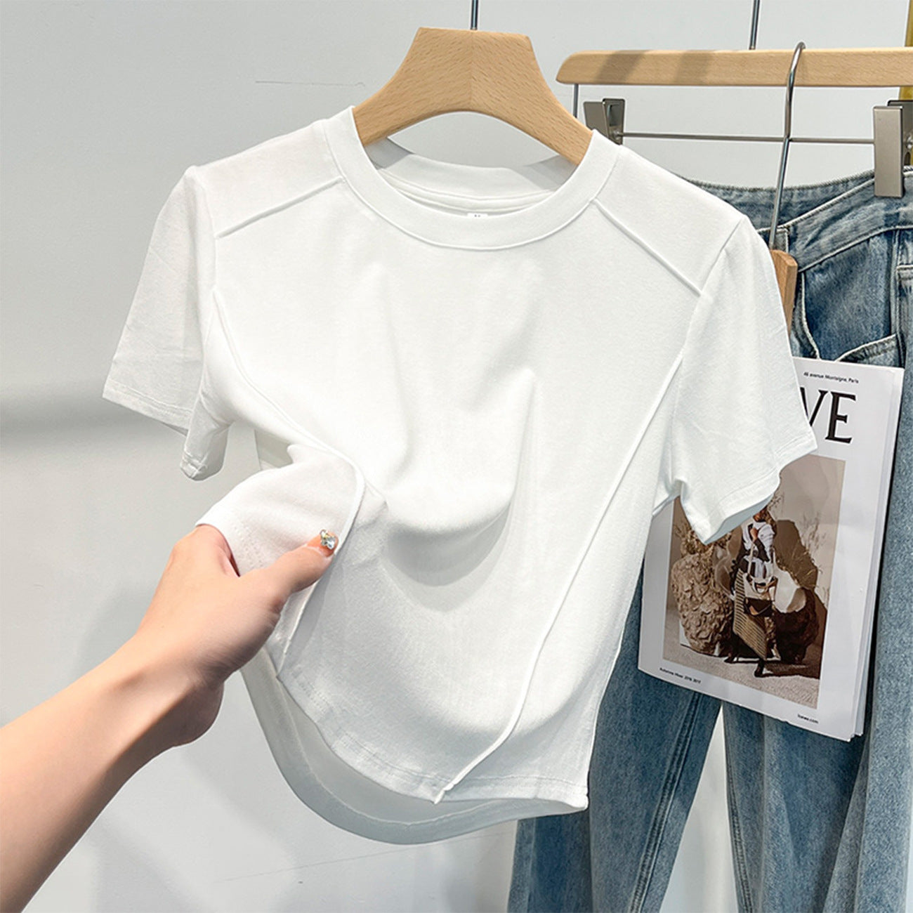 Crew neck short-sleeved front shoulder thin fishbone shirt 2026 summer new irregular inner bottom T-shirt women's top