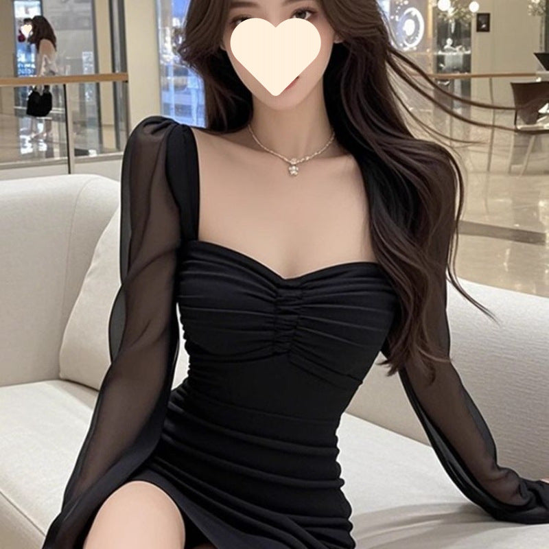 French high-end mesh splicing square neck dress, women's pure desire style slim-fitting inner cover bottom hip-wrapped short skirt
