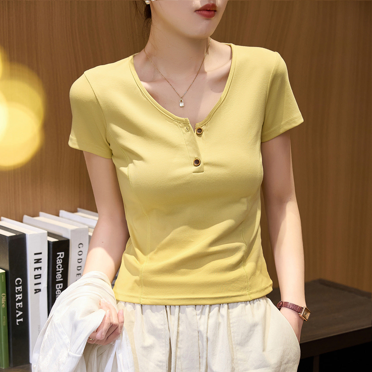 #Combed pure cotton #Premium design sense V-neck short-sleeved T-shirt women's summer 2026 new retro button-up front shoulder top