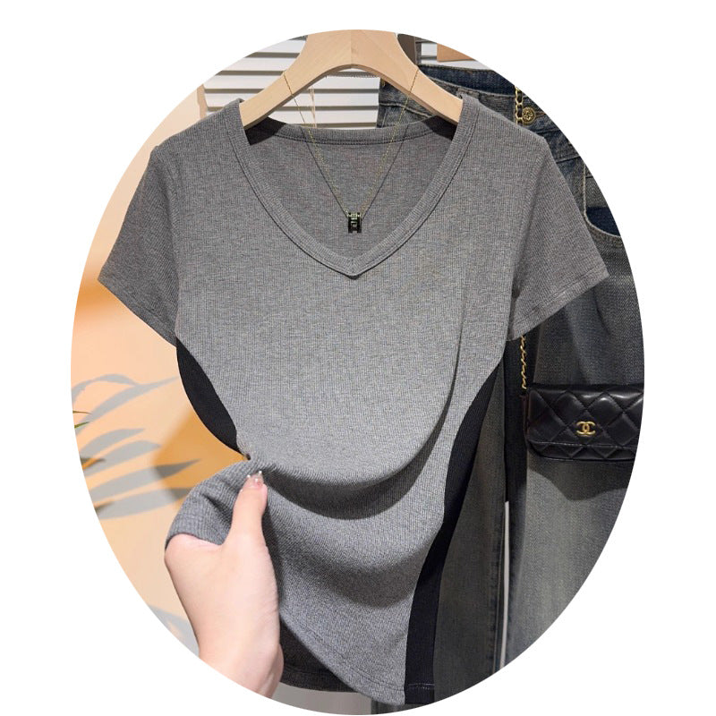 European color matching V-neck short-sleeved T-shirt women's summer new ice silk bottoming shirt with fashionable high-end trend top