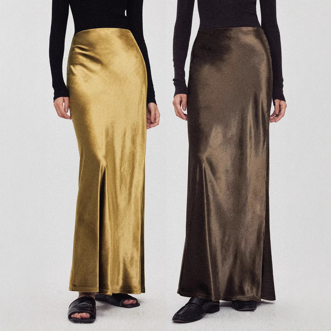 Velvet skirt women's autumn and winter high-end minimalist gloss H-shaped straight A-shaped retro long skirt skirt