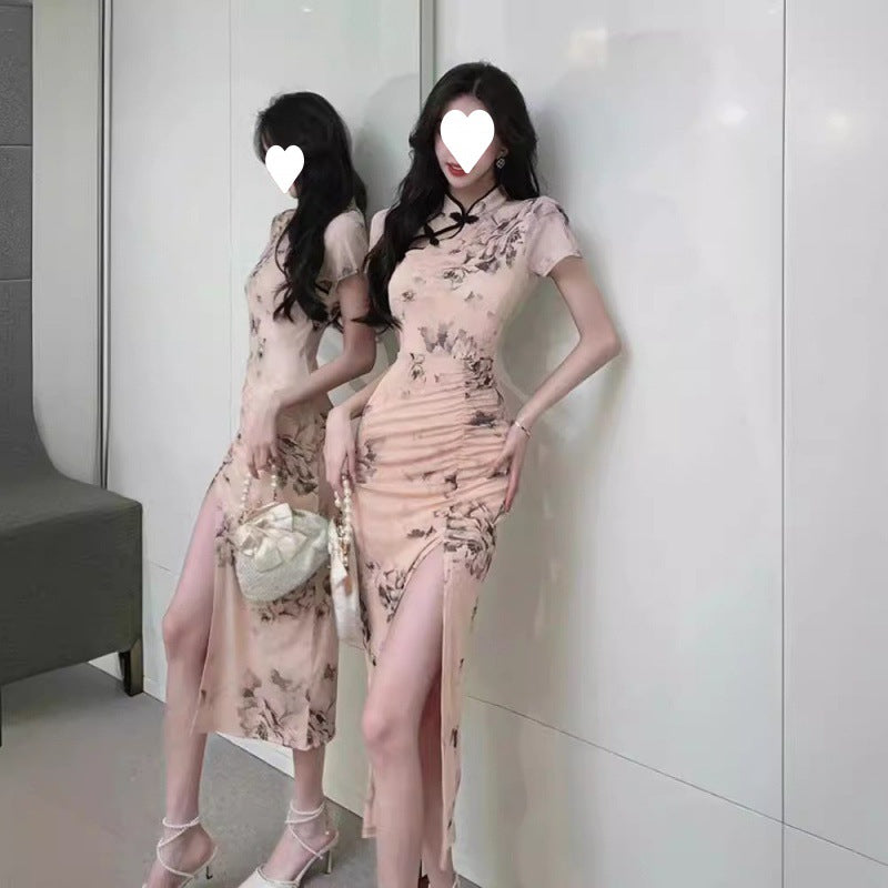 2025 retro Guochao printing improved cheongsam high split fork daily hip fold waist medium and long dress