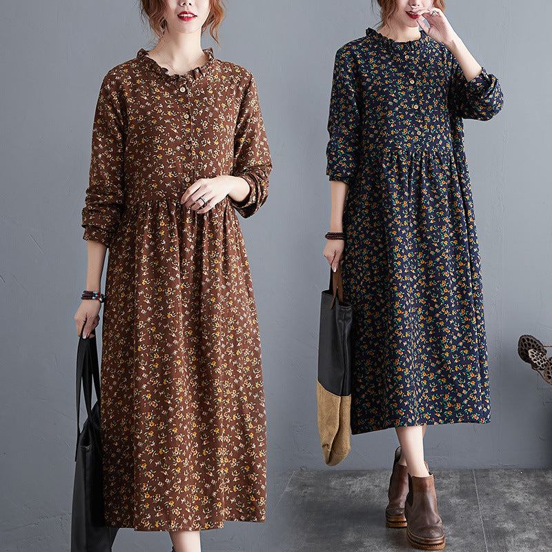 Real shot 2024 autumn new retro literary cotton and linen loose large size floral long-sleeved dress women