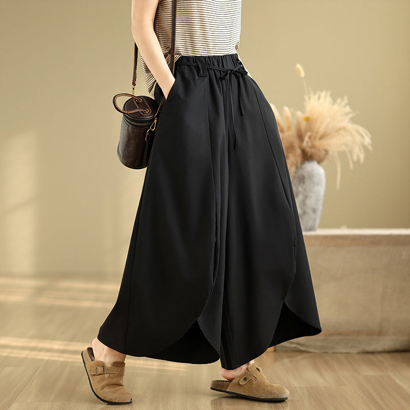 Real shot 2025 summer new casual large size loose solid color elastic waist wide leg pants nine-point pants women #9062