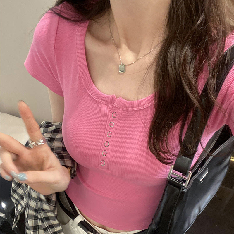 Threaded cotton button-up T-shirt women's short-sleeved 2026 summer new square collar versatile outer wear slim-fitting and thin top bottoming shirt