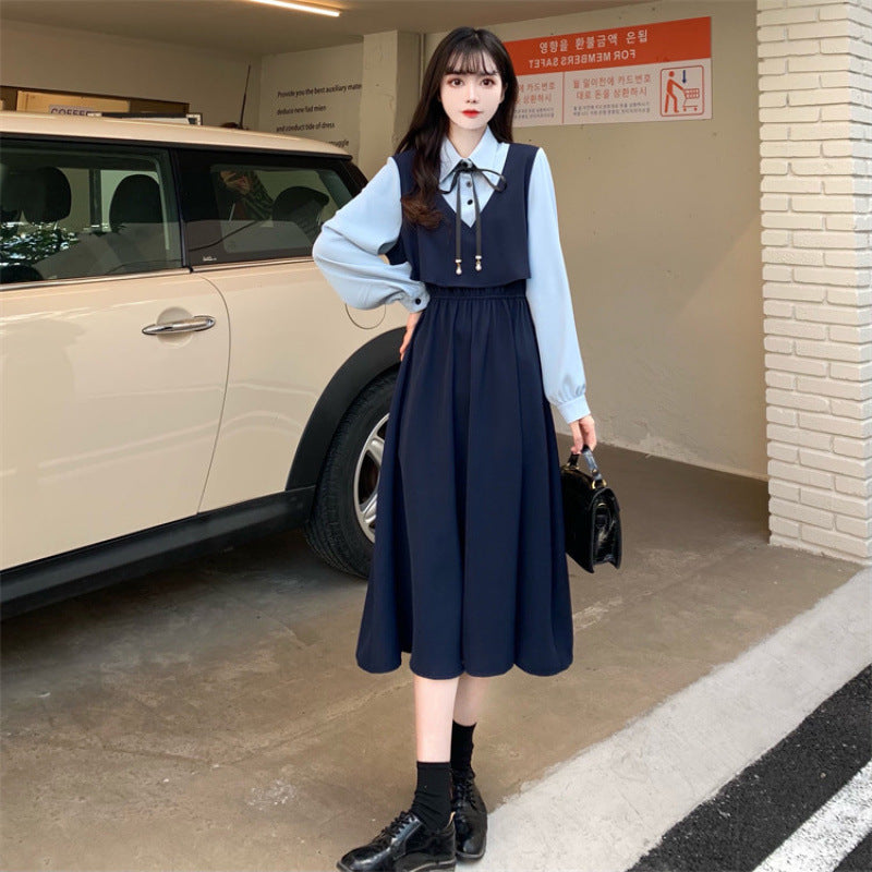 Plus size women's fake two-piece dress women's autumn new fat mm French retro design temperament slim long skirt