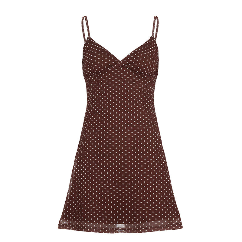 Elegant French style polka dot V-neck suspender dress temperament sexy backless lace-up design waist A version short skirt
