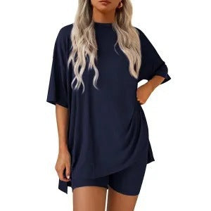 2025 summer new cross-border Europe, America, Amazon foreign trade fashion casual solid color loose women's pajama set