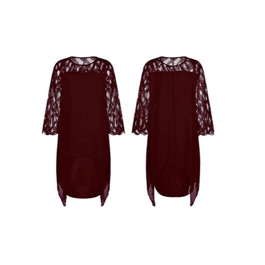 2025 Amazon AliExpress European and American lace splicing seven-quarter sleeve irregular hem chiffon dress spot