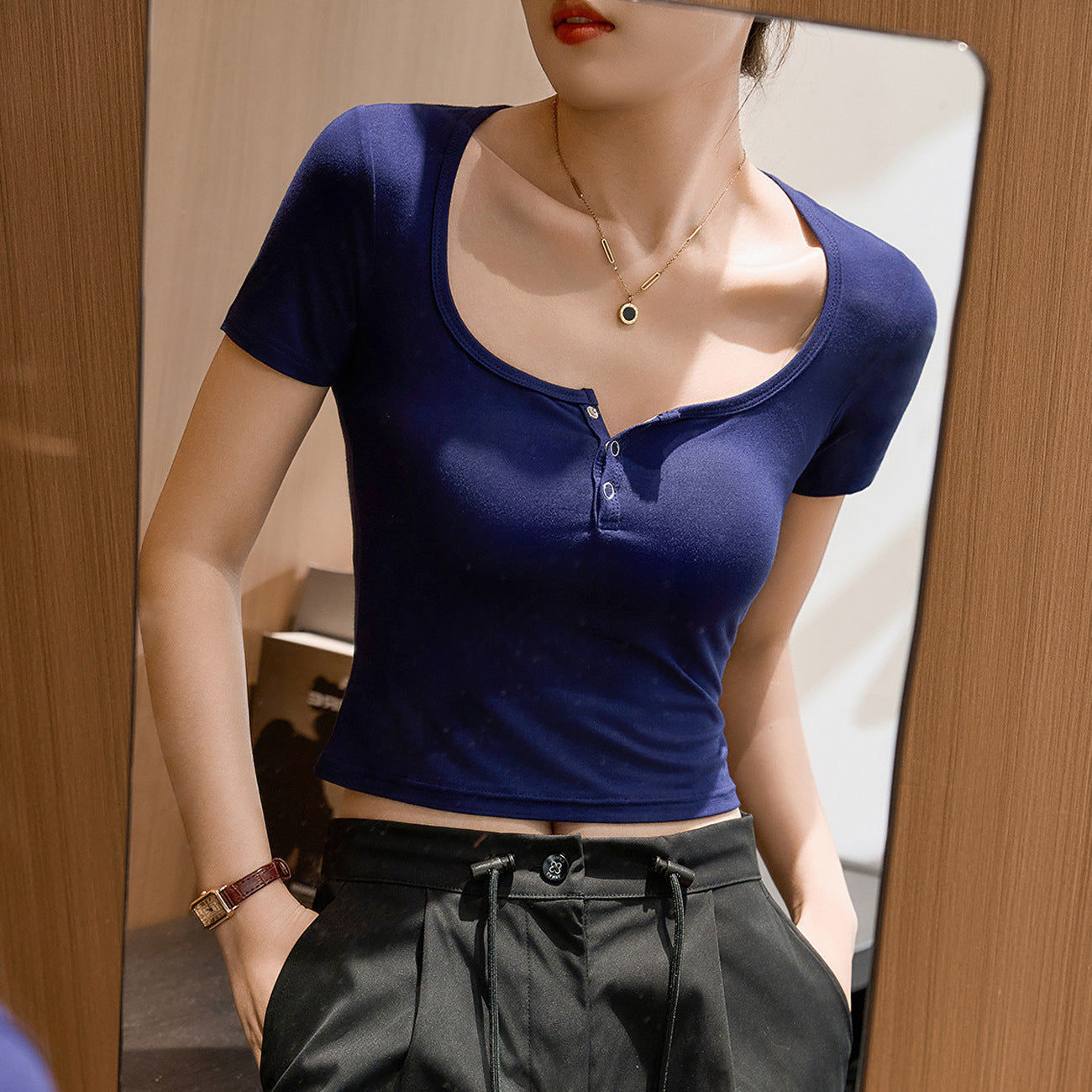 #Modal cotton #short pure desire Spice Girl tight bottoming shirt women's summer new short-sleeved T-shirt front shoulder thin top