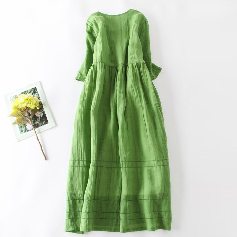 Real shot 2024 summer new literary loose splicing solid color cotton and linen round neck five-quarter sleeve dress women's medium and long