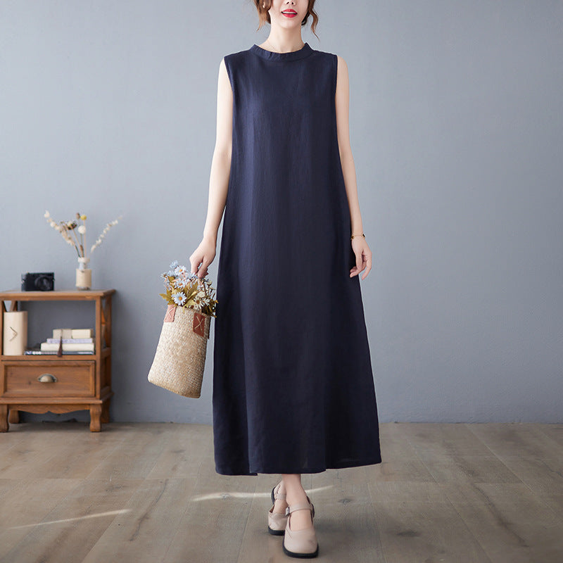 Real shot 2025 summer new literary loose solid color cotton and linen round neck sleeveless dress women's medium and long 7080 #