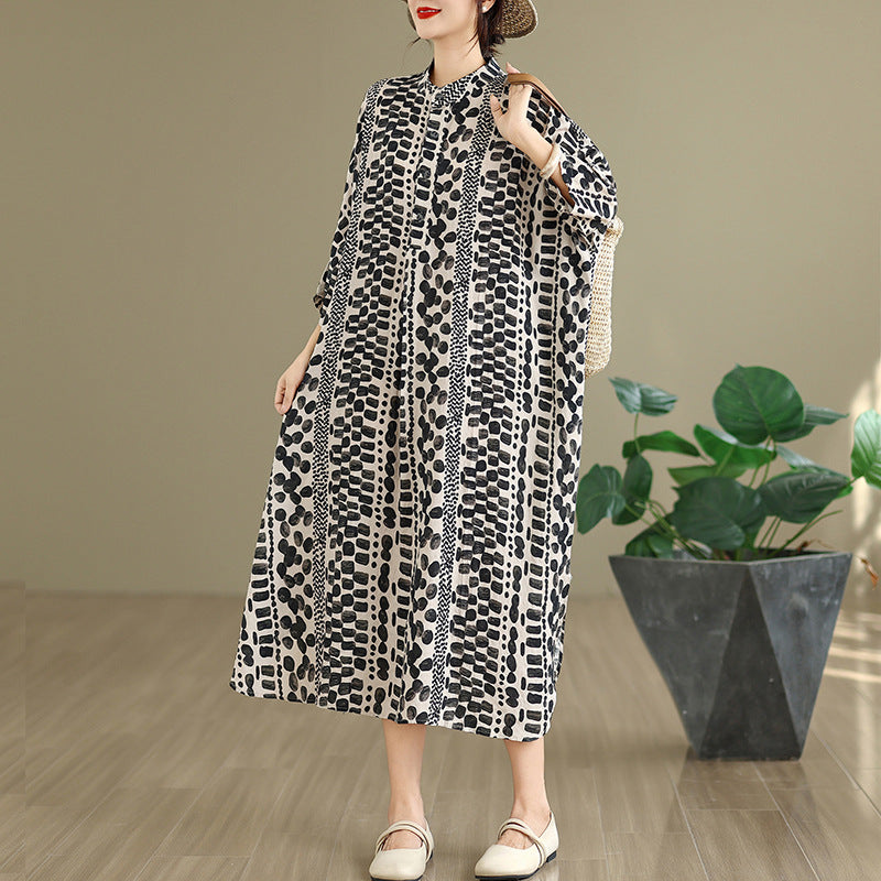 2025 autumn new literary and retro cotton and linen printing stand-up collar loose super long large size vacation dress women's clothing