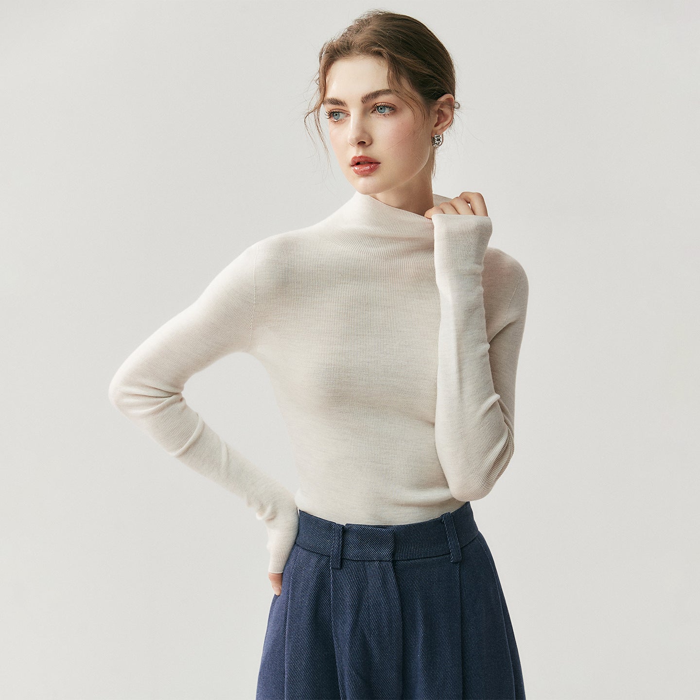 Machine washable Yangtze worsted wool sweater women's thin semi-turtleneck slim-fit sweater autumn and winter high-end knitted bottoming shirt