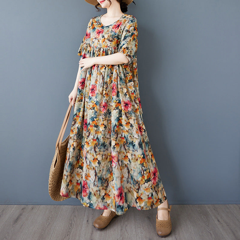 2025 Simple Bohemian Long Dress Summer New Fattened Plus Short Sleeve Crew Neck Printed Dress Women