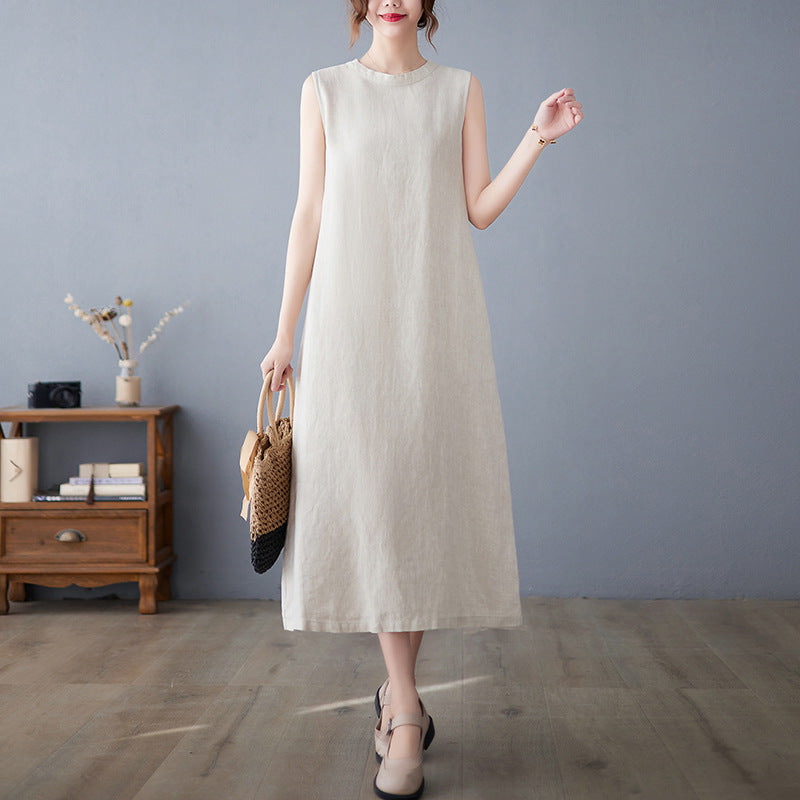 Real shot 2025 summer new literary loose solid color cotton and linen round neck sleeveless dress women's medium and long 7080 #