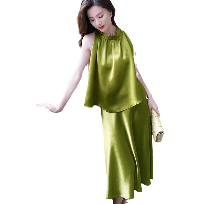 Haute couture real acetic acid satin texture silky off-shoulder top women's summer high-end sense with skirt two-piece suit commute