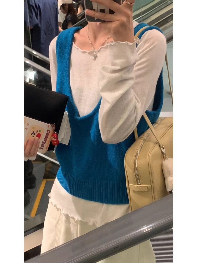 HAVE U wool knitted vest u neck elastic short small Korean ins wind wide shoulder strap stacked vest women