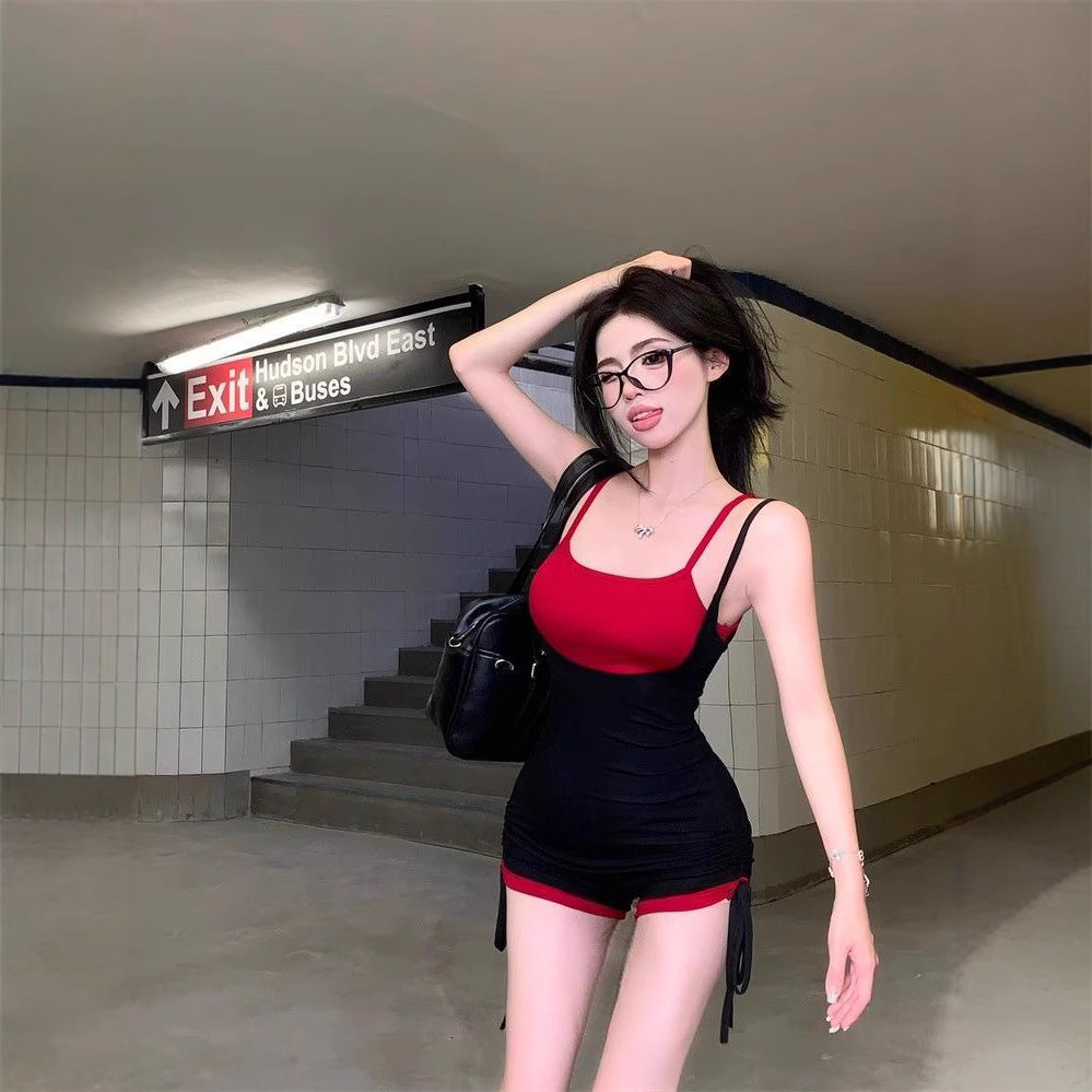 Amazon fake two-piece contrasting suspender jumpsuit summer tight babes pants design high-waisted jumpsuit shorts women