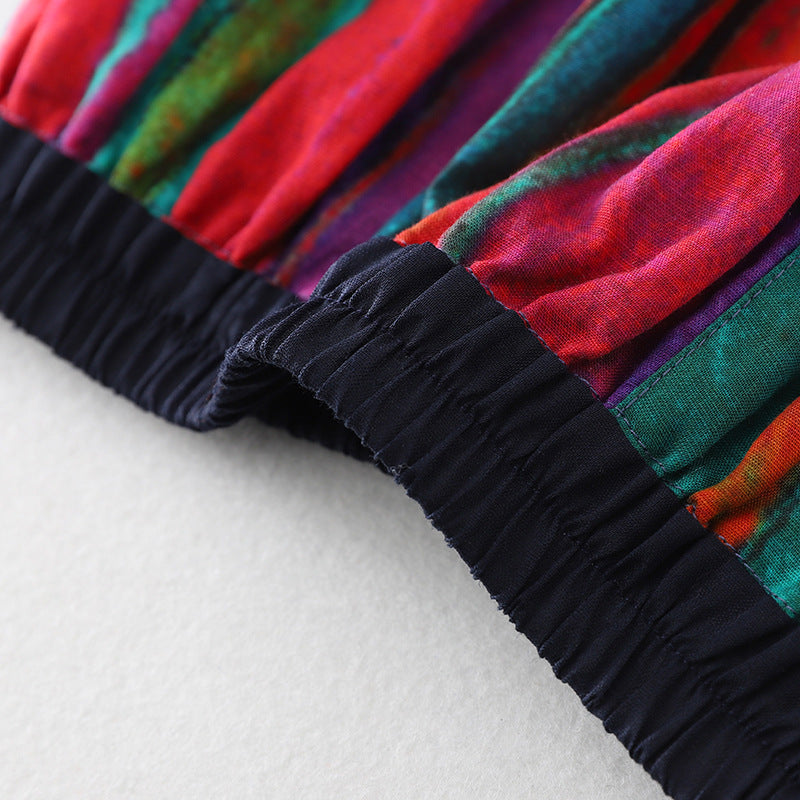 Real shot 2025 summer new literary and leisure vacation style striped cotton and linen elastic waist wide leg trousers women