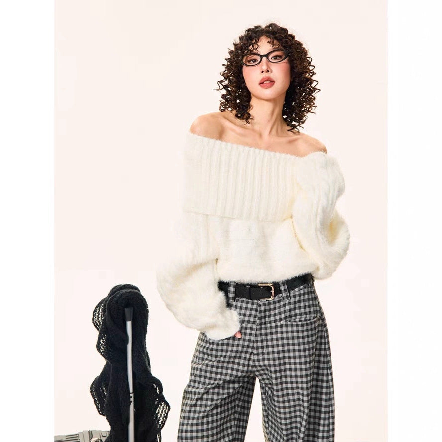 YOUNG Ankola Red Atmosphere Red Sweater Women's Winter Retro Spice Girl Short Shoulder Top