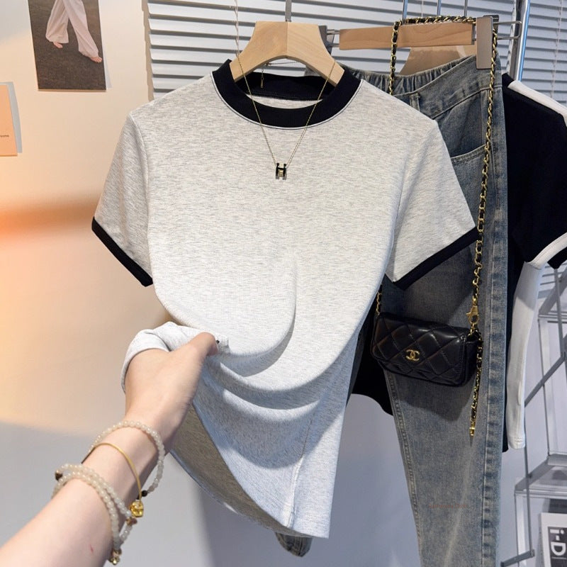 Grey small stand-up collar bottoming shirt for women's inner wear 2025 summer new high-end versatile top contrasting color short-sleeved T-shirt