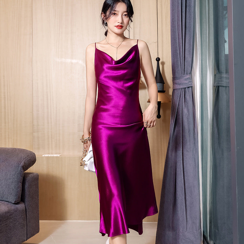 Swing neck acetic acid dress, mid-length high-end satin, silky temperament, goddess new slip dress, burgundy high-end