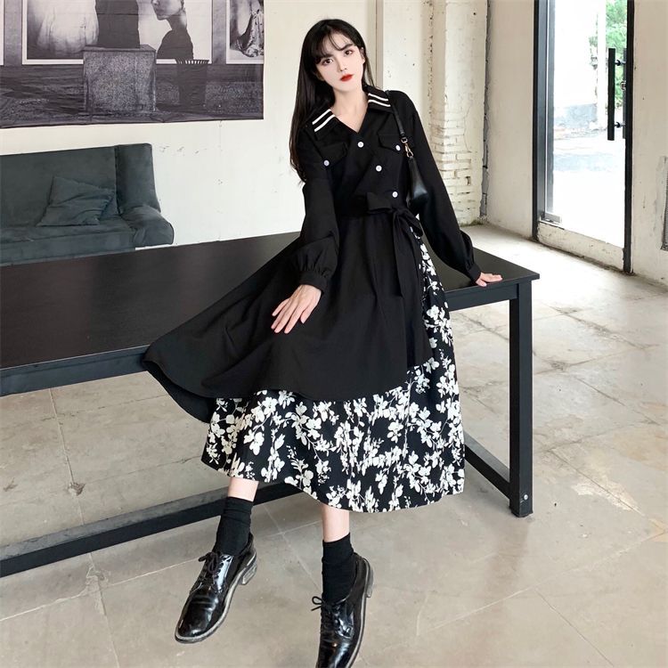 French retro design knee-length skirt autumn and winter large size waist splicing floral pendulum irregular dress