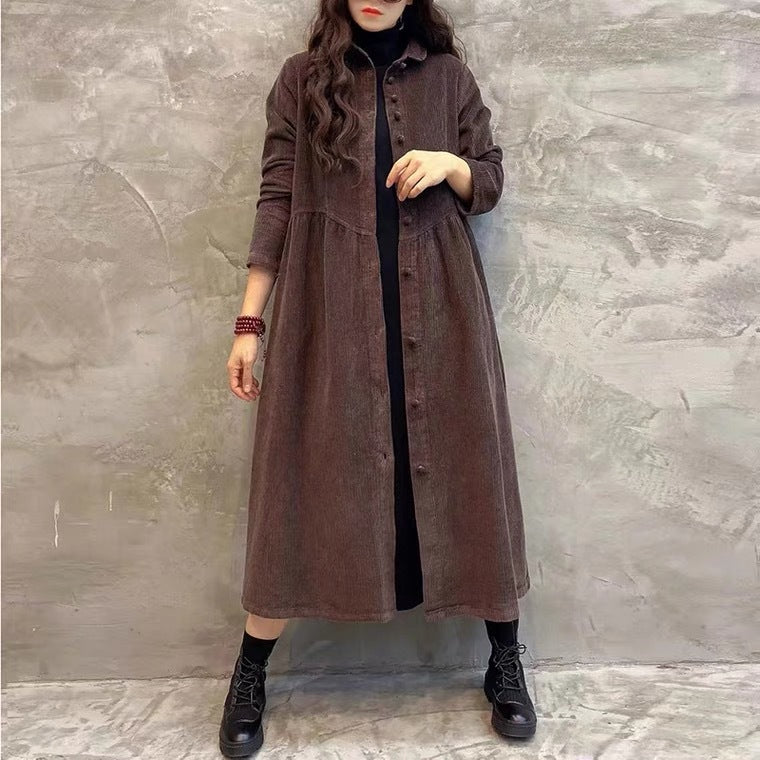 8202 #2024 Autumn and winter velvet long-sleeved retro literary loose medium and long corduroy jacket trench coat women