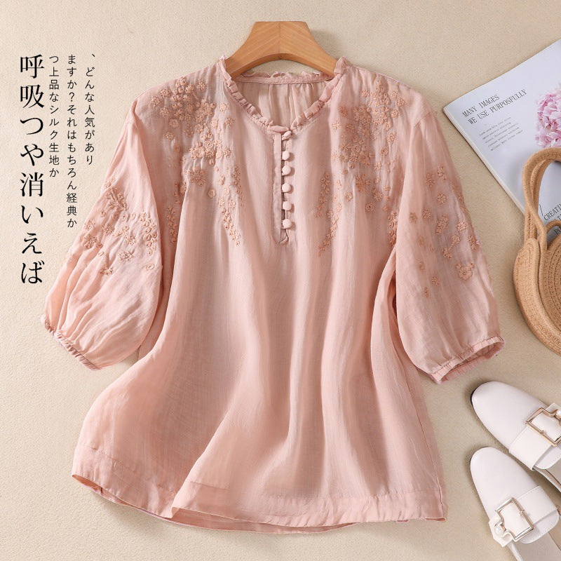 Real shot 2025 summer new literary loose embroidery flower V-neck five-quarter sleeve shirt blouse top #9041