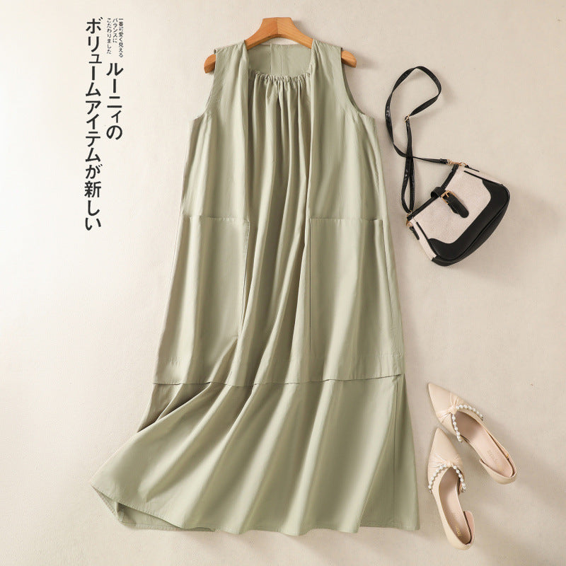 Real shot 2025 summer new cotton and linen large size loose casual thin sleeveless pocket vest dress women