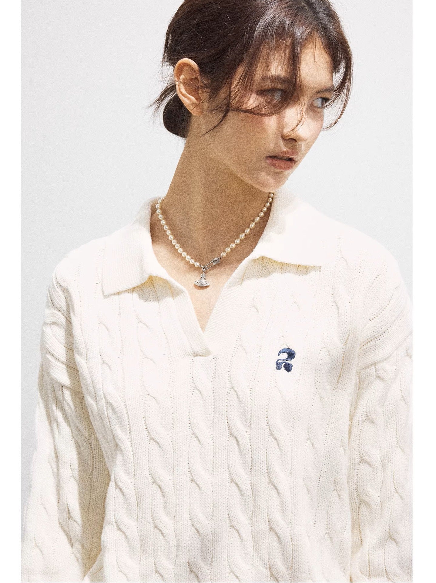 [JOMI] twisted craft lapel embroidered twist sweater women's V-neck casual head cotton knitted top autumn and winter