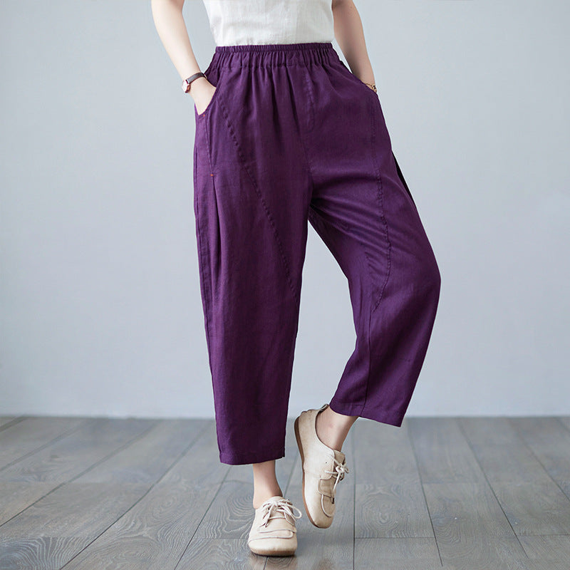 Real shot 2025 summer new loose splicing solid color cotton and linen elastic waist Harlan pants nine-point pants women's 1237 #