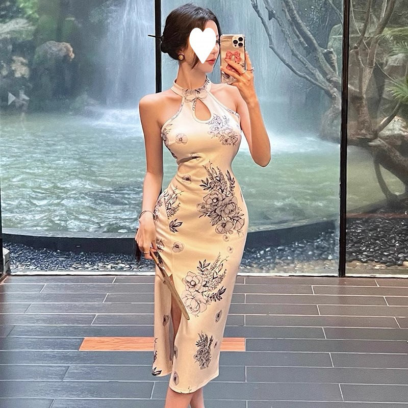 Improved cheongsam, young temperament, retro printing, daily wear, medium and long sexy hip-wrapped dress, summer