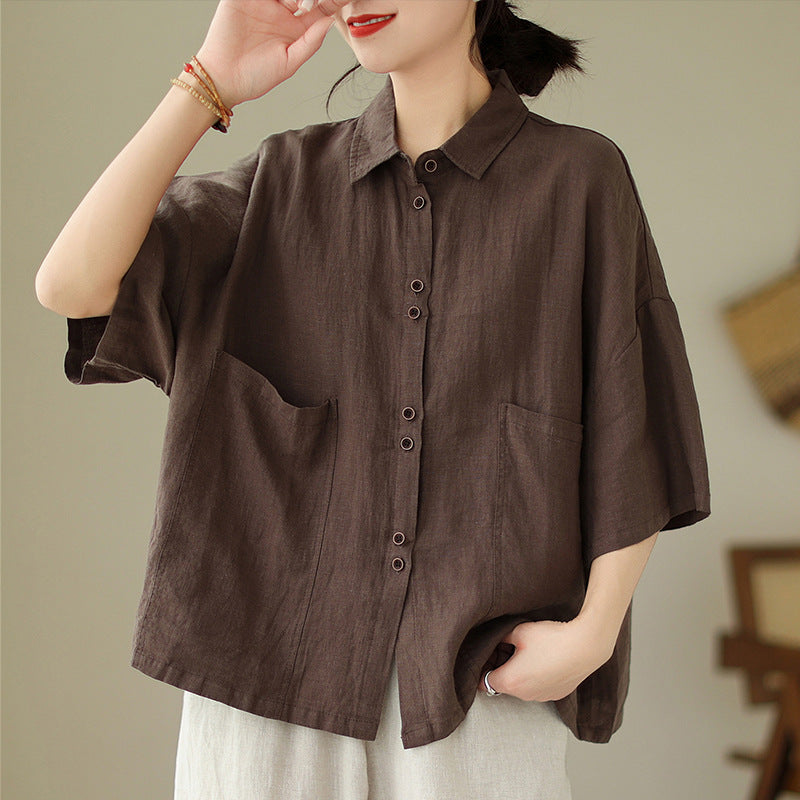 Real shot 2025 summer new literary loose solid color lapel short-sleeved shirt blouse top #702