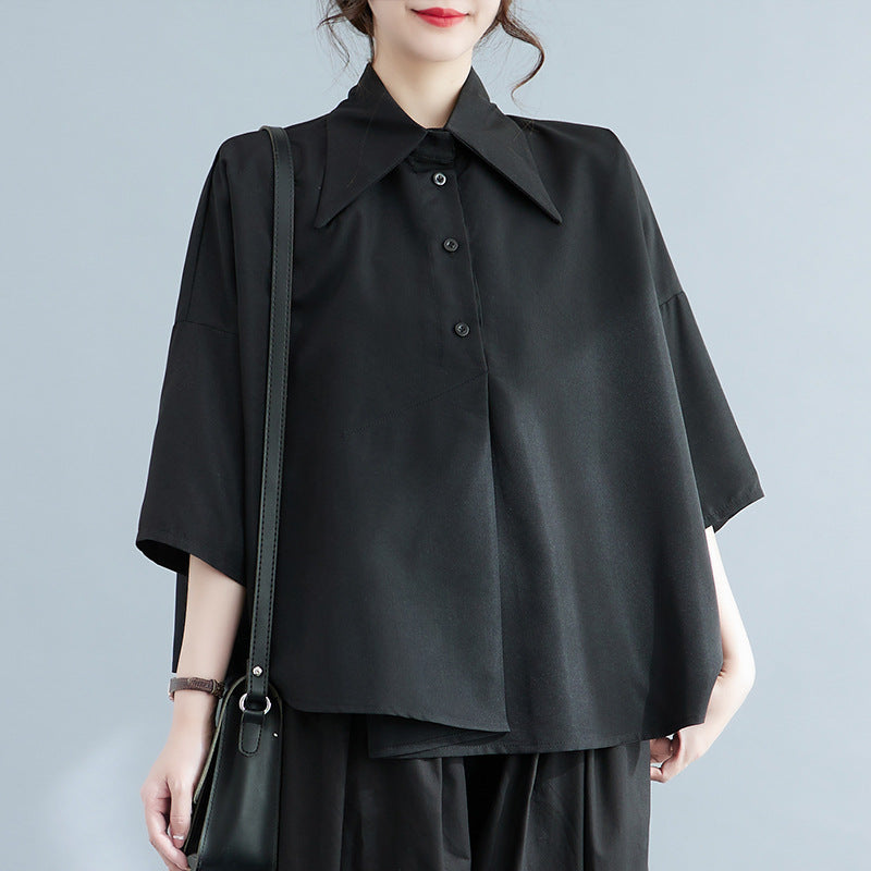 Summer 2025 new loose shirt women's medium and long asymmetrical shirt black top