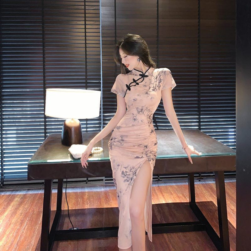 2025 retro Guochao printing improved cheongsam high split fork daily hip fold waist medium and long dress