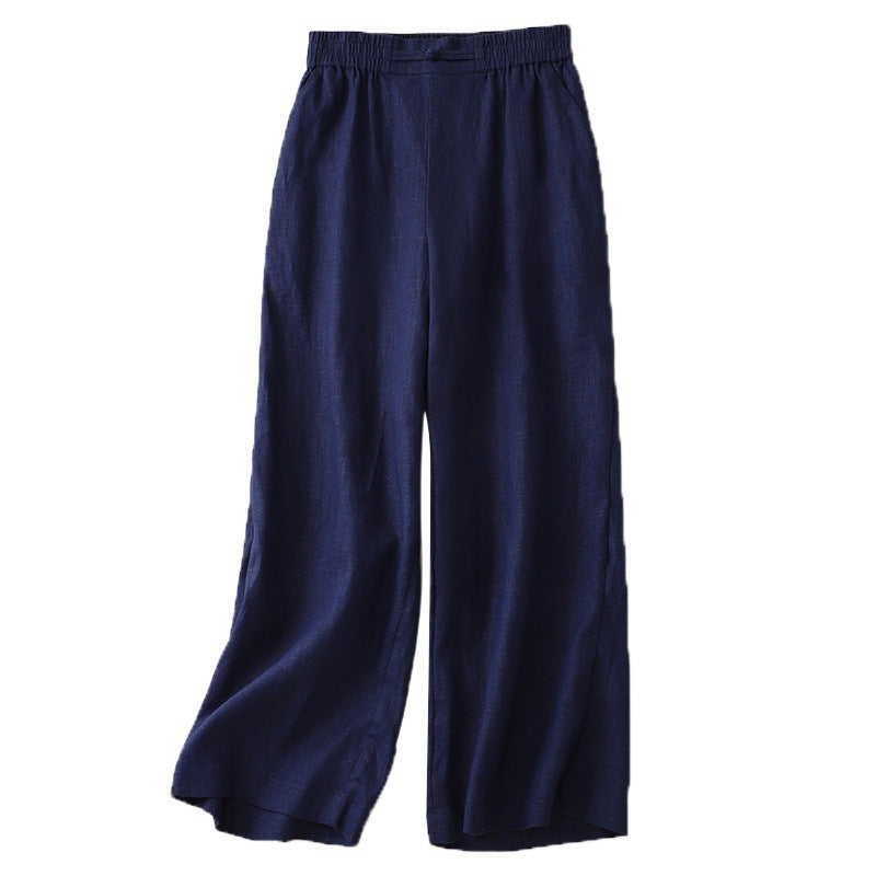 Real shot 2025 summer new thin Chinese buckle casual pants nine-point pants literary large size wide-leg women's pants